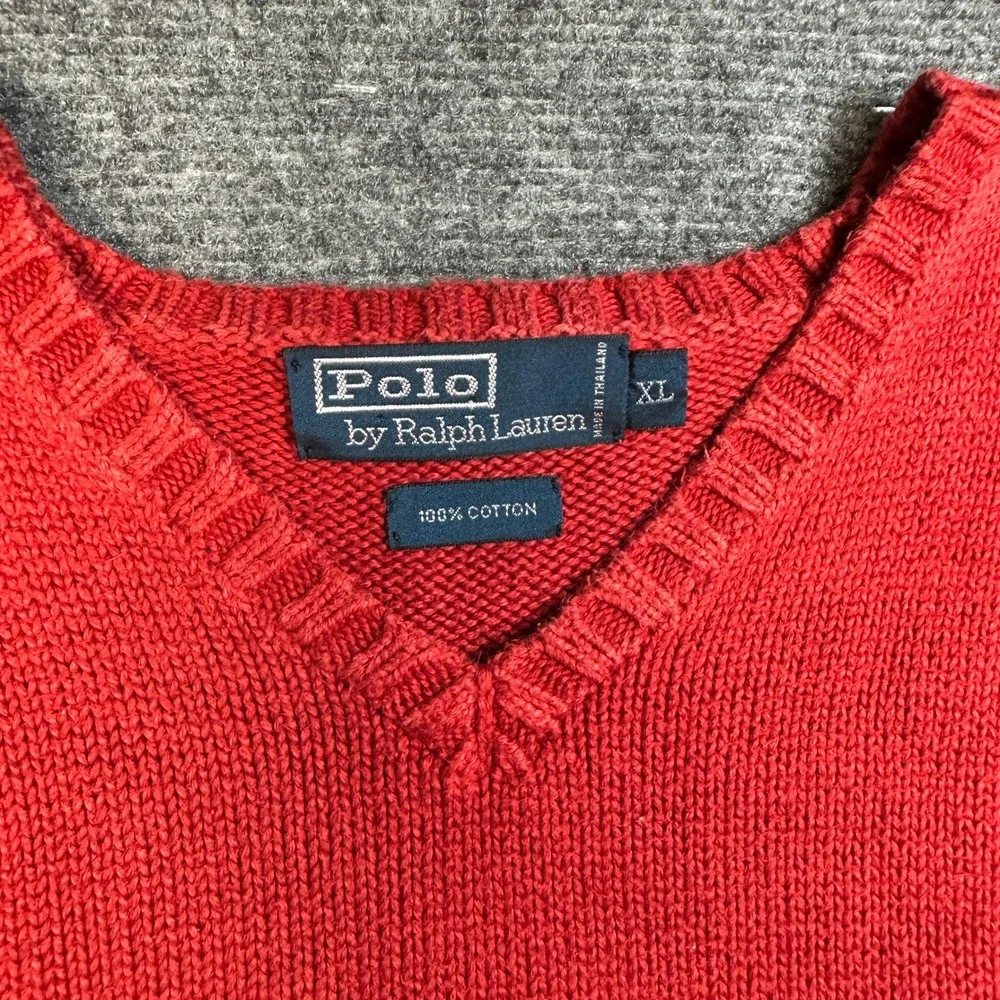 Polo Ralph Lauren Mens XL Red Cotton Knit V-Neck Sweater Vest Blue Pony Logo